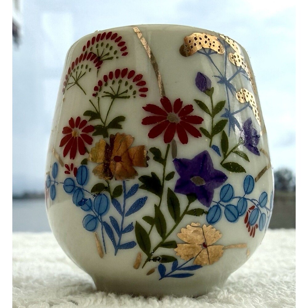 Small Tea Or Sake Cup Hand Painted Floral Flower Bouquet Decor Vintage Japan